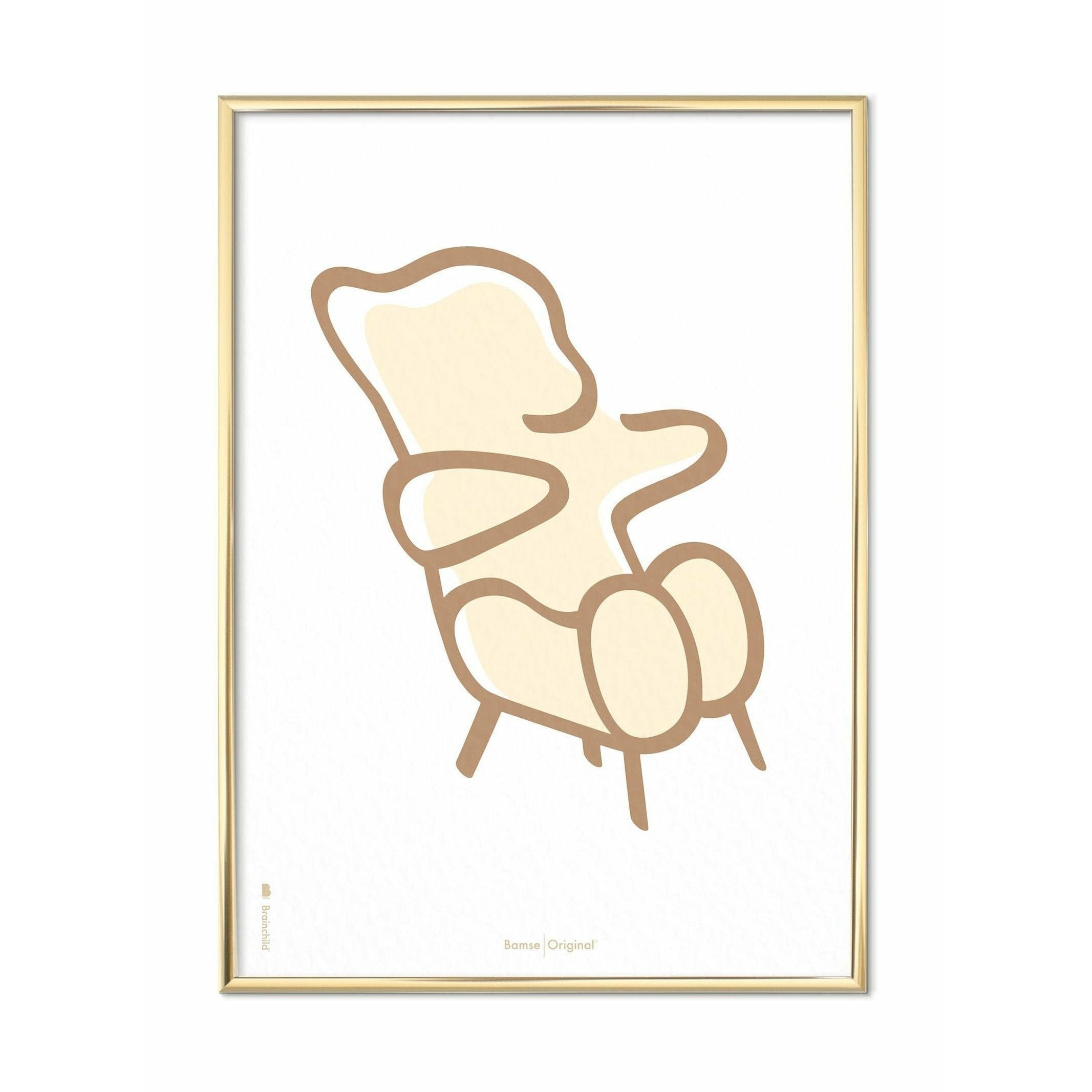 Brainchild Teddy Bear Line Poster, Brass Colored Frame A5, White Background